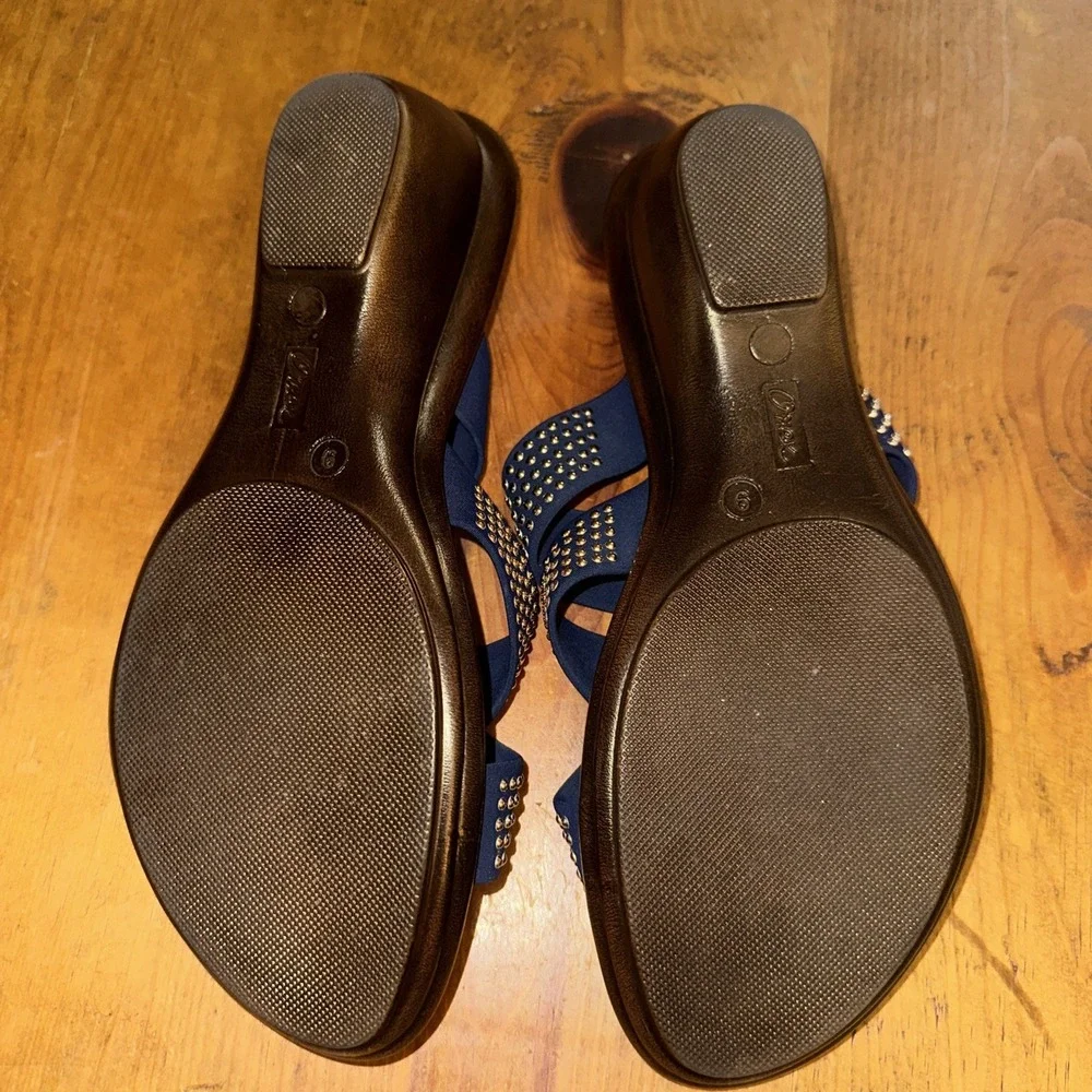 Onex Made in Italy Prelude Women's Wedge Sandal Shoes Navy With Rhinestones 8.5